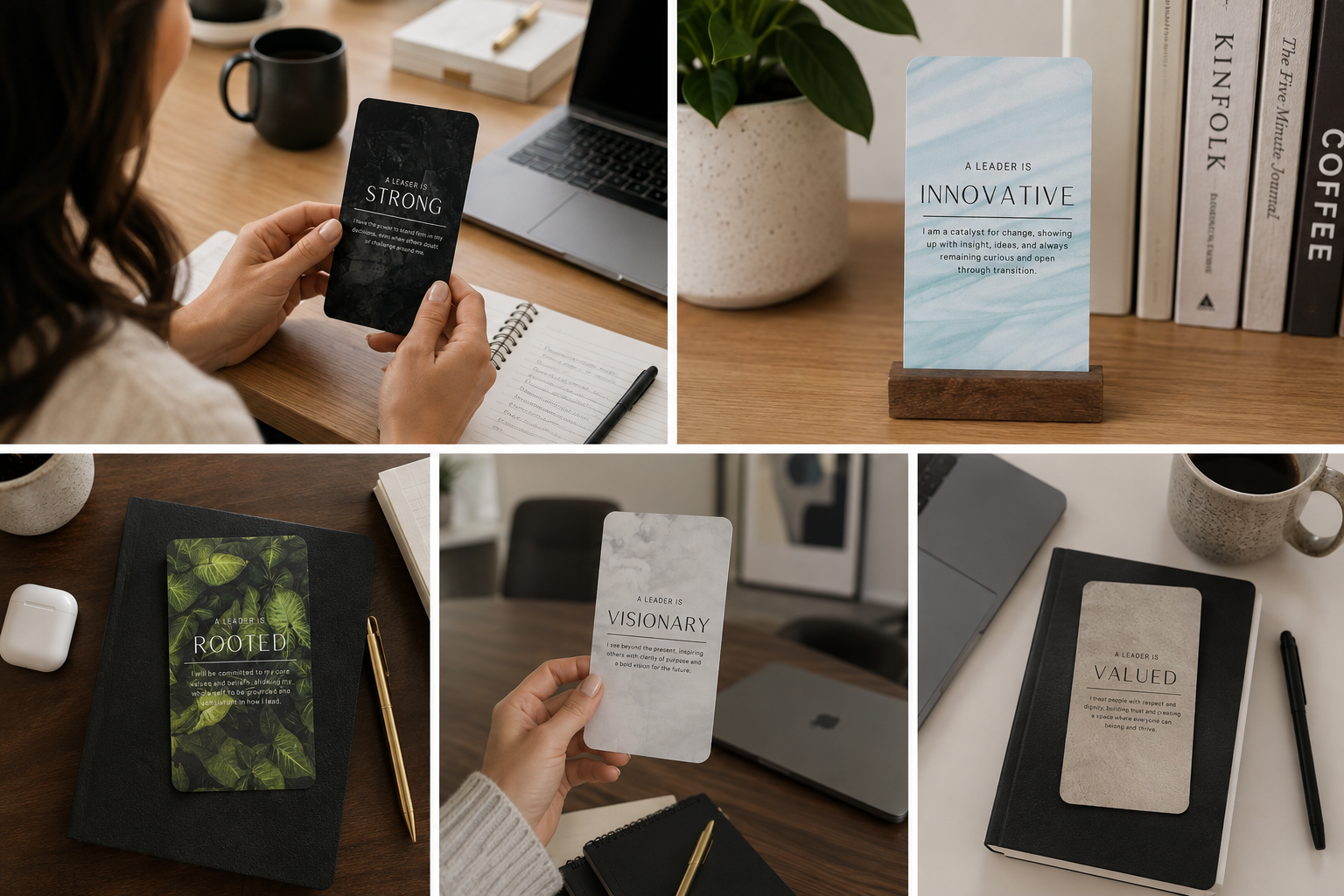 People holding and displaying Leader Cards at their desks