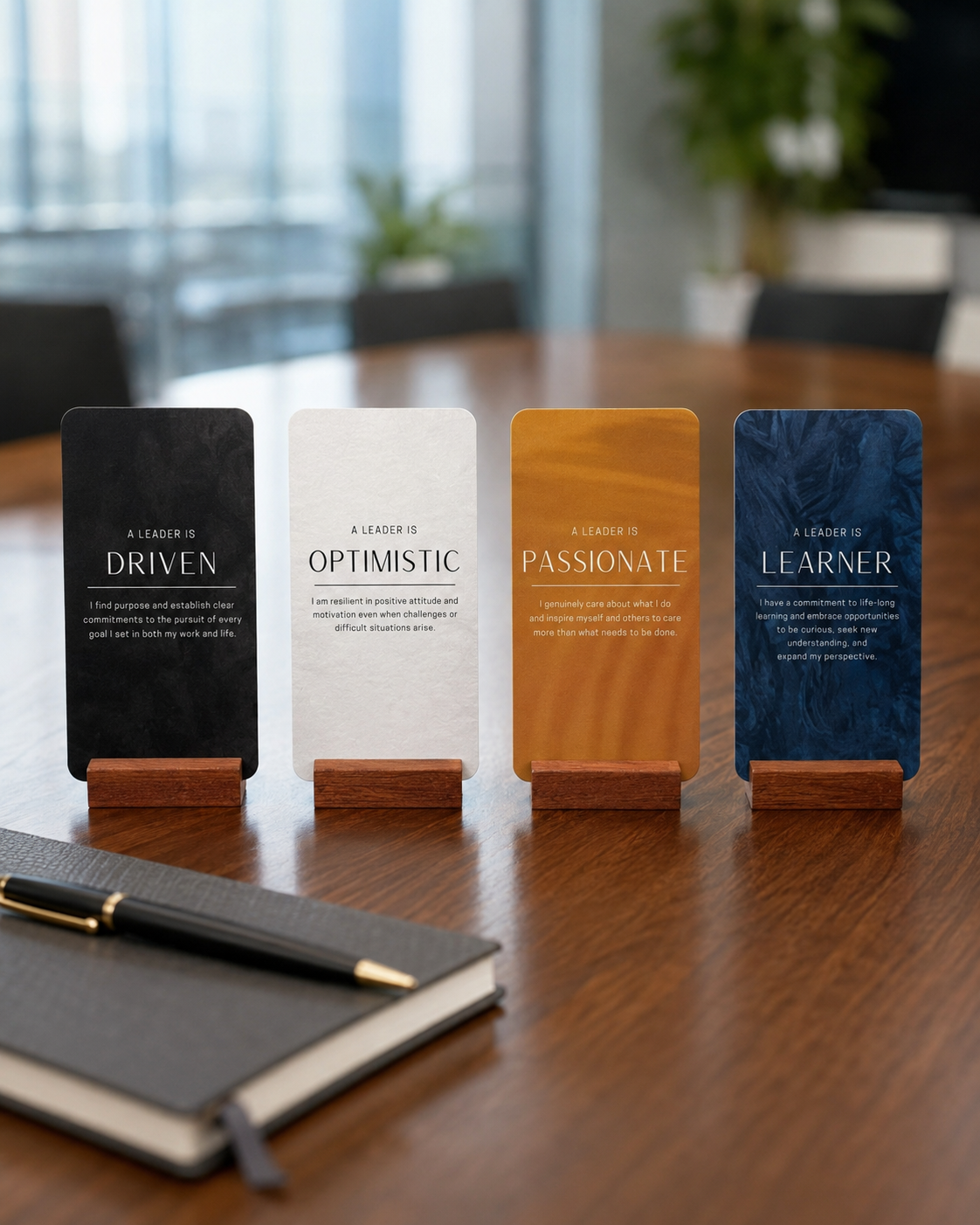 The Leader Cards deck with a walnut card stand on linen