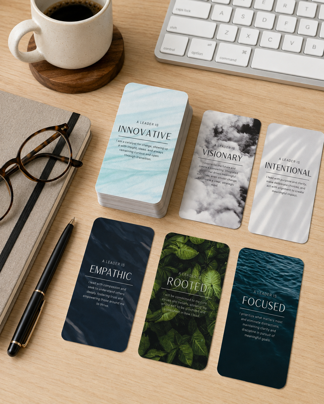 Leader Cards laid out on a light oak desk beside a notebook, glasses and coffee