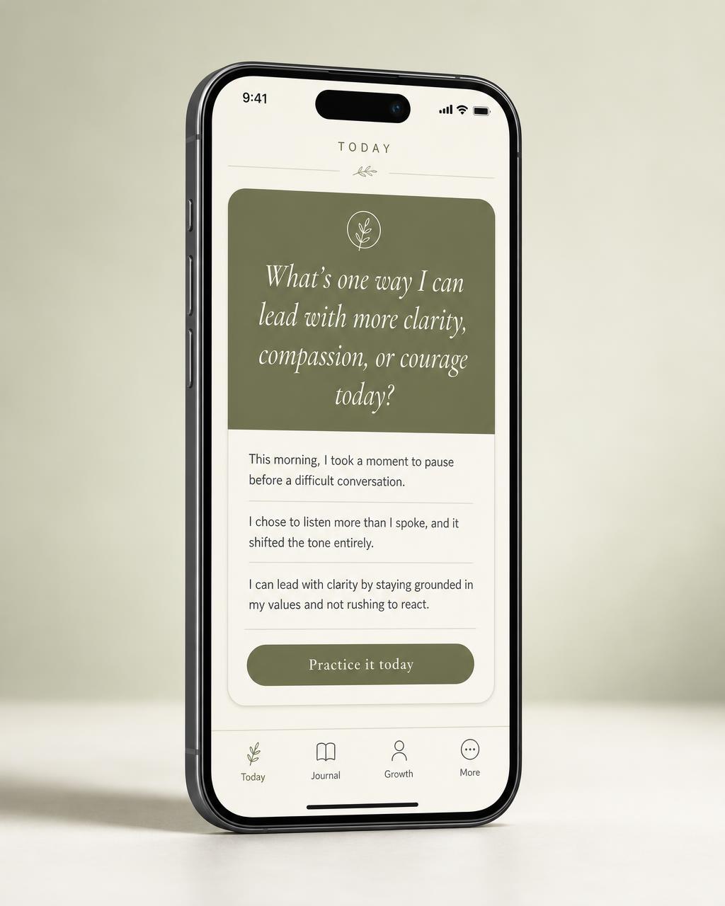The Reflection App shown on a phone: a daily leadership card and reflection journal