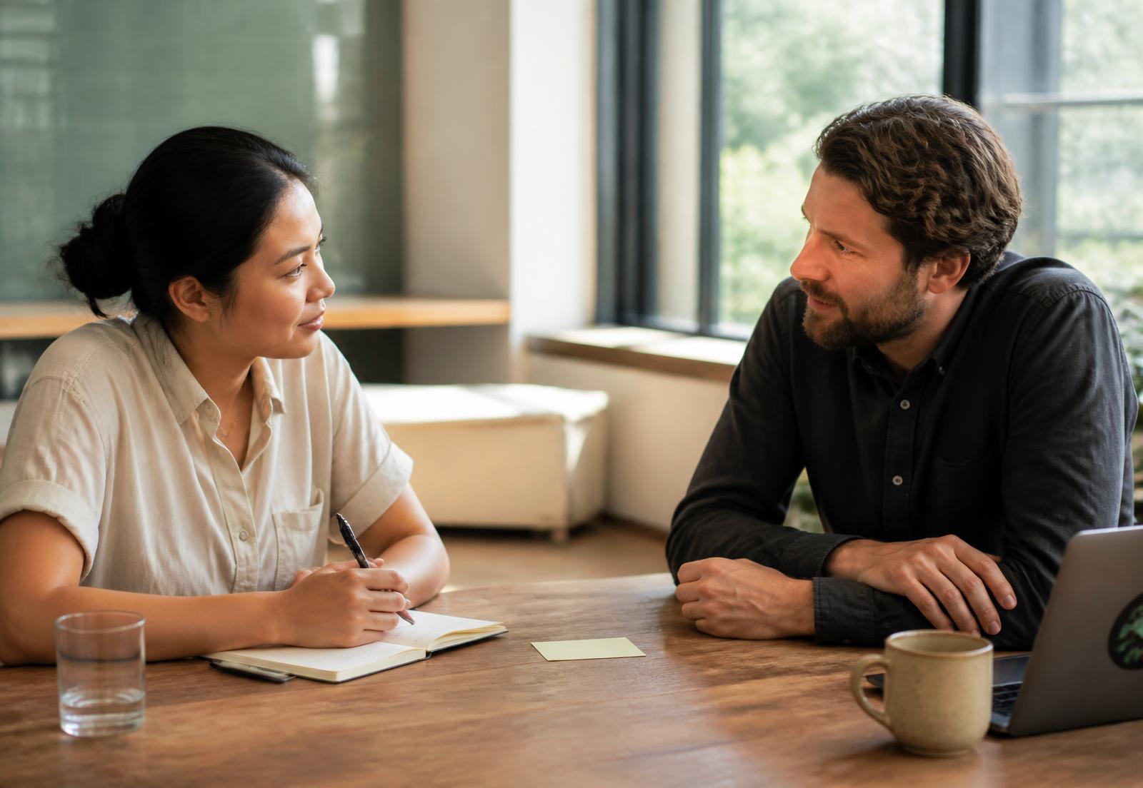 Two colleagues in conversation across a wooden table in a light-filled workplace